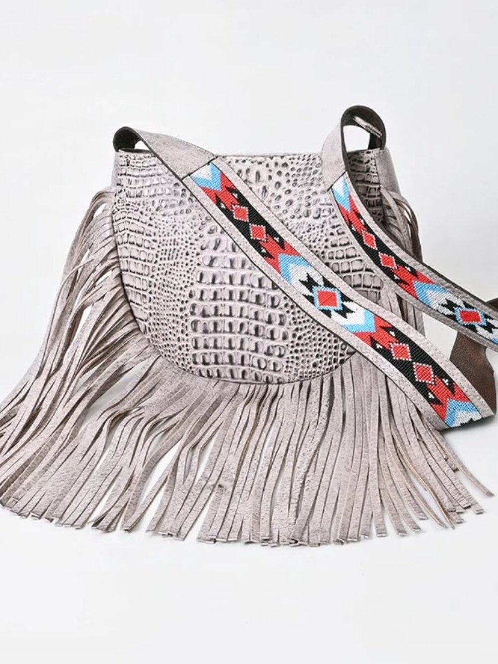 Boho Fringe Crossbody Statement Bag- Croc Embossed Metallic finish - Picture 2 of 4